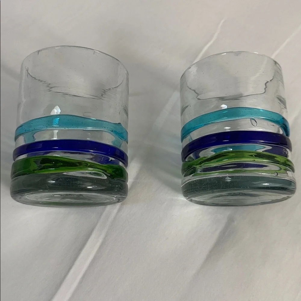 MEXICO HANDBLOWN TUMBLER GLASSES 2 SET STRIPES Cobalt Aqua Green Barware 12 oz